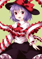 Rule 34 | 1girl, ascot, black hat, black skirt, bow, capelet, collared shirt, cowboy shot, drill, frilled shawl, frills, green background, hair between eyes, hat, hat bow, highres, long sleeves, looking at viewer, medium hair, nagae iku, open mouth, purple hair, red ascot, red bow, red eyes, ruu (tksymkw), shawl, shirt, simple background, skirt, smile, solo, standing, touhou, white capelet, white shirt