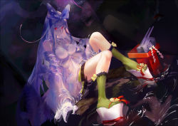 Rule 34 | 10s, 1girl, abyssal ship, bare shoulders, blue bow, bow, breasts, cannon, claws, cleavage, collar, creature, criin (659503), dark persona, detached sleeves, dress, dutch angle, fusion, green skirt, green socks, hair bow, high heels, jewelry, kantai collection, kneehighs, lace, lace-trimmed dress, lace trim, large breasts, long hair, mizuho (kancolle), partially submerged, platform clogs, platform footwear, purple hair, red eyes, ribbon, ring, ripples, sandals, seaplane tender princess, shide, sitting, skirt, socks, solo, strapless, strapless dress, tassel, transformation, turret, very long hair, water, wedge heels, yellow ribbon