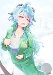 Rule 34 | 1girl, absurdres, ahoge, alternate costume, blue hair, breasts, china tracksuit, collarbone, facing up, full body, ganyu (genshin impact), genshin impact, goat horns, green jacket, green pants, green track suit, hair between eyes, half-closed eyes, highres, hooriyuu, horns, jacket, long hair, looking at viewer, medium breasts, meme attire, open mouth, pants, partially unzipped, purple eyes, shadow, shirt, sidelocks, solo, sweat, sweaty clothes, track jacket, track pants, twitter username, unzipping, white background, white footwear, white shirt
