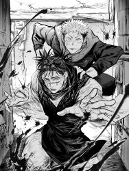 Rule 34 | 2boys, absurdres, blood, choso (jujutsu kaisen), closed mouth, cowboy shot, greyscale, hand on another&#039;s shoulder, hands up, highres, hood, hood down, itadori yuuji, jacket, japanese clothes, jozpic, jujutsu kaisen, jujutsu tech uniform, jumping, kimono, long sleeves, male focus, monochrome, multiple boys, open hands, pants, scar, scar on face, scarf, school uniform, short hair, short twintails, standing, twintails, undercut, wide sleeves