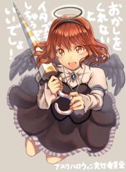 Rule 34 | 1girl, black wings, dress, est tm, fake halo, feathered wings, fire emblem, fire emblem: mystery of the emblem, fire emblem heroes, grey background, hairband, halloween costume, halo, long sleeves, maria (fire emblem), nintendo, open mouth, red eyes, red hair, simple background, solo, wings