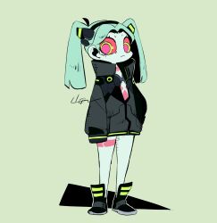 Rule 34 | aqua hair, black footwear, black hairband, black jacket, chest tattoo, closed mouth, colored sclera, cyberpunk (series), cyberpunk edgerunners, flat chest, full body, green background, green eyes, hairband, high collar, highres, jacket, leg tattoo, light frown, long hair, looking at viewer, multicolored eyes, neon trim, outline, pale skin, parted bangs, rebecca (cyberpunk), red eyes, red sclera, shoes, signature, simple background, sleeves past fingers, sleeves past wrists, sneakers, standing, straight hair, tattoo, twintails, white outline, yamada9000
