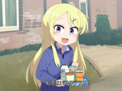 Rule 34 | 1girl, :d, blonde hair, blue eyes, blue shirt, blush, boris johnson, boris johnson (cosplay), bottle, building, bush, coffee cup, commentary request, cosplay, cup, disposable cup, flat chest, fuka (kantoku), grass, hair ornament, hairclip, holding, holding tray, kin-iro mosaic, kujou karen, long hair, looking at viewer, milk bottle, open mouth, outdoors, real life, shirt, sidewalk, smile, solo, translation request, tray, upper body, window