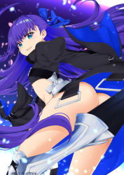 Rule 34 | &gt;:), 10s, 1girl, armor, armored boots, artist name, ass, black coat, blue ribbon, boots, coat, dated, fate/extra, fate/extra ccc, fate (series), floating hair, from behind, hair ribbon, juliet sleeves, legs apart, light smile, long hair, long sleeves, looking at viewer, looking back, meltryllis (fate), mokyutan, parted lips, puffy sleeves, purple hair, revealing clothes, ribbon, smirk, solo, thighhighs, thighs, v-shaped eyebrows, very long hair