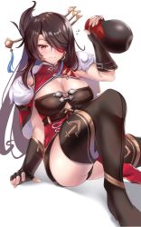 Rule 34 | 1girl, absurdres, beidou (genshin impact), black gloves, black hair, black thighhighs, blush, breasts, capelet, cleavage, eyepatch, fingerless gloves, genshin impact, gloves, gourd, hair ornament, hair over one eye, hairpin, highres, large breasts, long hair, looking at viewer, red capelet, red eyes, simple background, smile, thighhighs, white background, wrist guards, yahan (mctr5253)