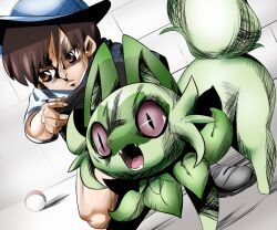 Rule 34 | 1boy, araki hirohiko (style), blue hat, brown eyes, brown hair, cat, closed mouth, commentary request, creatures (company), dutch angle, fangs, florian (pokemon), frown, full body, game freak, green cat, grey footwear, hat, lets0020, looking afar, medium bangs, nintendo, open mouth, parody, poke ball, pokemon, pokemon (creature), pokemon sv, shirt, sprigatito, style parody, v-shaped eyebrows, white shirt
