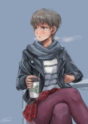 Rule 34 | 10s, 1girl, alternate costume, bad id, bad pixiv id, blue background, blush, breath, brown eyes, brown hair, casual, chair, crossed legs, cup, freckles, girls und panzer, green eyes, highres, jacket, leather, leather jacket, matching hair/eyes, naomi (girls und panzer), open mouth, pantyhose, plaid, plaid skirt, purple pantyhose, scarf, shirt, short hair, signature, simple background, sitting, sketch, skirt, solo, solokov (okb-999), striped clothes, striped shirt