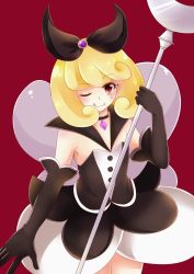 Rule 34 | 10s, 1girl, bad id, bad pixiv id, black dress, black gloves, blonde hair, choker, detached sleeves, dress, eyelashes, gloves, gradient eyes, hair ornament, hair ribbon, happinesscharge precure!, highres, looking at viewer, md5 mismatch, mochinya21, multicolored eyes, one eye closed, precure, queen mirage, red background, ribbon, short hair, simple background, smile, solo, source request, tongue, tongue out, wink
