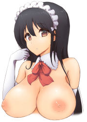 Rule 34 | 1girl, :o, arm at side, bare shoulders, black hair, bow, bowtie, breasts, brown eyes, collarbone, detached collar, elbow gloves, female focus, gloves, hair bow, twirling hair, hand in own hair, hand up, highres, large breasts, long hair, looking at viewer, maid, maid headdress, nipples, open mouth, original, red bow, red bowtie, simple background, solo, takunama, teeth, topless frame, upper body, white background, white bow, white gloves