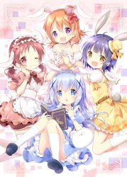 Rule 34 | 4girls, :d, ;), animal ears, bare shoulders, black footwear, black hairband, blue dress, blue eyes, blue hair, blush, book, brown eyes, brown hair, closed mouth, commentary request, crown, detached sleeves, dress, feet out of frame, frilled hairband, frills, gochuumon wa usagi desu ka?, hair ornament, hairband, hat, highres, holding, holding book, hoto cocoa, jouga maya, kafuu chino, kemonomimi mode, kneeling, knees together feet apart, knees up, long hair, low twintails, mini crown, mini hat, mini top hat, multiple girls, nanase miori, natsu megumi, one eye closed, open book, open mouth, pink dress, puffy short sleeves, puffy sleeves, purple eyes, purple hair, rabbit ears, rabbit girl, rabbit tail, red eyes, shirt, shoe soles, short sleeves, sitting, smile, socks, strapless, tail, tiara, tilted headwear, tippy (gochiusa), top hat, twintails, very long hair, white legwear, white shirt, white sleeves, wrist cuffs, x hair ornament, yellow dress, yellow headwear