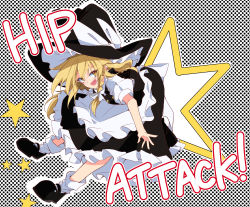 Rule 34 | 1girl, :d, black footwear, black hat, black skirt, blonde hair, bow, braid, commentary, english commentary, english text, full body, hat, hat bow, highres, hip attack, ichimura kanata, kirisame marisa, long hair, looking at viewer, open mouth, outline, polka dot, polka dot background, short sleeves, side braid, single braid, skirt, smile, socks, solo, touhou, white bow, white outline, white socks, yellow eyes