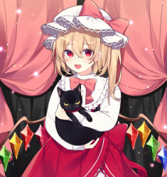 Rule 34 | + +, 1girl, :d, adapted costume, animal, black cat, blonde hair, bow, bowtie, cat, crystal, curtains, dress, fang, flandre scarlet, hair between eyes, hat, hat bow, highres, holding, holding animal, long sleeves, looking at viewer, mob cap, one side up, open mouth, pink bow, pink bowtie, red bow, red skirt, short hair, skin fang, skirt, smile, solo, star-shaped pupils, star (symbol), symbol-shaped pupils, touhou, upper body, white dress, white hat, wings, yurui tuhu