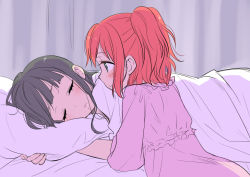 Rule 34 | 10s, 2girls, bed, bed sheet, black hair, blunt bangs, blush, closed eyes, green eyes, kurosawa dia, kurosawa ruby, long hair, looking at another, love live!, love live! sunshine!!, lying, messy hair, mole, mole under mouth, multiple girls, on side, ooshima tomo, pajamas, parted lips, pillow, red hair, siblings, sisters, sleeping, smile, two side up