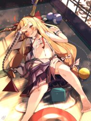 Rule 34 | 1girl, absurdres, alcohol, armpits, barefoot, belt, blonde hair, blush, bow, chain, collared shirt, commentary request, cube, drooling, drunk, fang, flat chest, foot out of frame, gourd, hair bow, highres, horn bow, horn ornament, horns, ibuki suika, indoors, long hair, looking at viewer, low-tied long hair, lying, midriff, navel, on back, on floor, open belt, open mouth, orange eyes, orb, panties, purple bow, purple skirt, pyramid (structure), red bow, sake, shirt, shouji, skirt, sleeveless, sleeveless shirt, sliding doors, smile, solo, tatami, toes, touhou, underwear, very long hair, white panties, white shirt, woruta (soloistlist), wrist cuffs