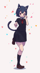 Rule 34 | 1girl, animal ear fluff, animal ears, asutoro (s--t), blue hair, cat ears, cat tail, dot nose, female focus, fish, full body, highres, loafers, mouth hold, original, paw pose, pleated skirt, red neckwear, sailor collar, school uniform, shoes, short hair, skirt, socks, solo, standing, standing on one leg, tail