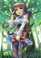 Rule 34 | 1girl, ahoge, bare shoulders, belt, bird nest, black thighhighs, blush, book, brown eyes, brown hair, butterfly hair ornament, detached sleeves, flower, grass, hair ornament, himonoata, long hair, nest, open mouth, original, ponytail, solo, thighhighs, tree, tucking hair, zettai ryouiki