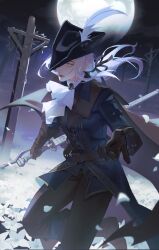 Rule 34 | 1girl, ascot, bloodborne, cloak, coat, field, flower, flower field, from software, geranbb, gloves, hat, hat feather, highres, holding, holding weapon, lady maria of the astral clocktower, long hair, moon, night, night sky, outdoors, sky, solo, sword, tricorne, weapon, white flower, white hair
