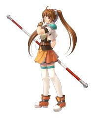 Rule 34 | 1girl, ahoge, apron, armor, belt, boots, brown gloves, brown hair, corset, eiyuu densetsu, estelle bright, fingerless gloves, floating hair, from side, full body, gloves, hair ornament, highres, holding, holding weapon, long hair, miniskirt, orange apron, orange skirt, pauldrons, red eyes, shoulder armor, simple background, skirt, smile, solo, standing, thighhighs, twintails, very long hair, weapon, white background, white thighhighs, zettai ryouiki
