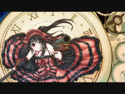 Rule 34 | 10s, 1girl, bad id, bad pixiv id, bare shoulders, black hair, clock, clock eyes, date a live, dress, dual wielding, gears, gun, hairband, heterochromia, holding, jettison, letterboxed, lolita fashion, lolita hairband, long hair, red eyes, ribbon, rifle, roman numeral, smile, solo, symbol-shaped pupils, tokisaki kurumi, twintails, weapon, yellow eyes