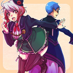 Rule 34 | 1boy, 1girl, 9wa, alternate costume, bad id, bad pixiv id, blue hair, braid, brown eyes, glasses, gradient hair, green skirt, hubert ozwell, leaning forward, multicolored hair, official alternate costume, pascal (tales), red hair, skirt, tales of (series), tales of graces, thighhighs, twin braids, two-tone hair, white hair