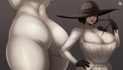 Rule 34 | 1girl, absurdres, alcina dimitrescu, areola slip, artist name, ass, black hair, breasts, dress, gradient background, grey background, hand on own hip, hat over one eye, highres, huge breasts, jmg, large breasts, mature female, one eye covered, resident evil, resident evil village, short hair, signature, tight clothes, tight dress
