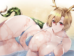Rule 34 | 1girl, alternate costume, antlers, beach, bikini, blonde hair, blue bikini, blush, breasts, cleavage, collarbone, commentary request, curvy, dragon horns, dragon tail, eyelashes, hair between eyes, horns, huge breasts, kicchou yachie, kurokan (kokkyou oudan), looking at viewer, lying, navel, o-ring, o-ring bikini, on side, outdoors, parted lips, red eyes, short hair, smile, solo, stomach, suggestive fluid, swimsuit, tail, thick thighs, thighs, touhou, turtle shell, wet, wet clothes, wide hips