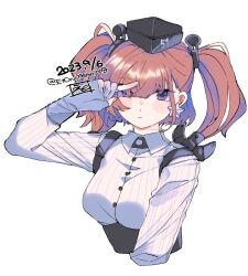 Rule 34 | 1girl, atlanta (kancolle), black hat, brown hair, closed mouth, collared shirt, cropped torso, dated, earrings, eto (etonomemo1008), garrison cap, gloves, grey eyes, hat, jewelry, kantai collection, long hair, long sleeves, one-hour drawing challenge, partially fingerless gloves, shirt, signature, simple background, single earring, solo, star (symbol), star earrings, twitter username, two side up, upper body, white background, white shirt