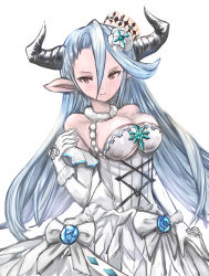 Rule 34 | 10s, 1girl, bare shoulders, blue flower, blue hair, blue rose, breasts, cleavage, closed mouth, draph, dress, elbow gloves, flower, gloves, granblue fantasy, hair between eyes, hair ornament, halterneck, hat, highres, horns, izmir, large breasts, long hair, mole, mole under mouth, pointy ears, red eyes, rose, simple background, solo, strapless, strapless dress, taakichi, underboob, very long hair, white background, white dress, white gloves, white hat