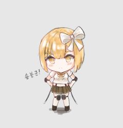 Rule 34 | 1girl, armor fairy (girls&#039; frontline), bad id, bad pixiv id, blonde hair, blush stickers, bow, breasts, brown sailor collar, brown skirt, chibi, chibi only, closed mouth, commentary request, elbow pads, fairy (girls&#039; frontline), frown, full body, girls&#039; frontline, grey background, hair between eyes, hair bow, hands on own hips, highres, knee pads, korean commentary, korean text, looking at viewer, medium breasts, neck ribbon, obsi, pleated skirt, ribbon, sailor collar, shirt, short hair, short sleeves, simple background, skirt, solo, suspender skirt, suspenders, thighhighs, translation request, white bow, white shirt, white thighhighs, yellow eyes, yellow ribbon