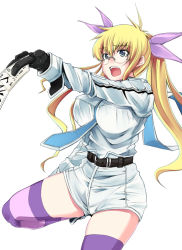 Rule 34 | 10s, 1girl, belt, between breasts, between fingers, black gloves, blonde hair, breasts, drifters, female focus, glasses, gloves, hair ribbon, holding, large breasts, long hair, necktie, olmine, open mouth, ribbon, shirt, short shorts, shorts, simple background, solo, striped clothes, striped thighhighs, talisman, taut clothes, taut shirt, thighhighs, white background, zanku