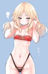 Rule 34 | 1girl, bandeau, blonde hair, blue background, blush, breasts, cowboy shot, cutoff jeans, cutoffs, embarrassed, fate/apocrypha, fate/grand order, fate (series), gluteal fold, green eyes, groin, hair down, hands in hair, long hair, mordred (fate), mordred (fate/apocrypha), mozu (peth), navel, small breasts, solo