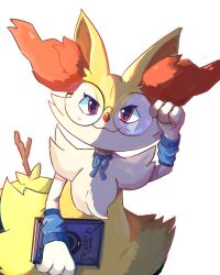 Rule 34 | :3, arm warmers, blue bow, blue choker, book, bow, braixen, choker, chufflepop, creatures (company), eyelashes, fang, fox girl, furry, game freak, gen 6 pokemon, glasses, highres, holding, holding book, light blush, looking at viewer, neck fur, nintendo, pokemon, skin fang, white background, yellow fur