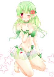 Rule 34 | 1girl, absurdres, barefoot, blunt bangs, blush, breasts, chihio, chihiro (khorosho), cleavage, finger to mouth, flower, green hair, grin, hair flower, hair ornament, heart, heart-shaped pupils, highres, index finger raised, kneeling, long hair, navel, one eye closed, original, pointy ears, red eyes, red flower, see-through, simple background, small breasts, smile, solo, star (symbol), symbol-shaped pupils, white background