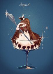 Rule 34 | 1girl, affogato, aida mogmog513, blue background, bow, bowtie, brown veil, closed eyes, closed mouth, coffee, cream, cup, dress, drinking glass, facing viewer, food, hand up, hat, highres, ice cream, in container, in cup, original, oversized object, personification, petticoat, pinafore dress, red bow, red bowtie, red shirt, red sweater, see-through, shirt, short hair, short sleeves, sitting, sleeveless, sleeveless dress, smile, solo, sparkle, spoon, sweater, top hat, twitter username, veil lift, white dress, white hair