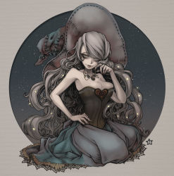 Rule 34 | 1girl, bare shoulders, corset, gradient background, grey hair, hat, head rest, hoshi nawoki, long hair, looking at viewer, night, night sky, original, skirt, sky, smile, solo, star (sky), starry sky, witch hat, yellow eyes