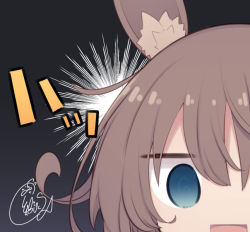 Rule 34 | 1girl, @ @, amiya (arknights), animal ear fluff, animal ears, arknights, beni shake, blue eyes, brown hair, commentary request, face, gradient background, grey background, hair between eyes, looking at viewer, open mouth, rabbit ears, signature, solo, translation request