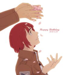 Rule 34 | 1girl, 1other, brown eyes, brown jacket, commentary, dated, english commentary, from side, hanpetos, happy birthday, jacket, looking up, nifa (shingeki no kyojin), petals, profile, red hair, shingeki no kyojin, short hair, survey corps (emblem)
