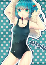 Rule 34 | 1girl, aqua eyes, aqua hair, bad id, bad pixiv id, breasts, character name, daimaou ruaeru, hair bobbles, hair ornament, highres, kawashiro nitori, one-piece swimsuit, polka dot, polka dot background, school swimsuit, short hair, smile, solo, swimsuit, touhou, towel, towel on head, twintails, two side up, wet, wet clothes, wet swimsuit