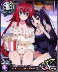 Rule 34 | 2girls, black hair, blue eyes, breasts, card (medium), chess piece, cleavage, high school dxd, king (chess), large breasts, long hair, multiple girls, official art, purple eyes, red hair, rias gremory, serafall leviathan, twintails