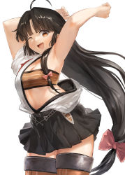 Rule 34 | 1girl, ahoge, armpits, arms up, bandeau, black hair, black skirt, blush, bow, breasts, brown eyes, hadanugi dousa, hair bow, japanese clothes, kantai collection, kimono, long hair, looking at viewer, low-tied long hair, one eye closed, open clothes, open kimono, open mouth, pleated skirt, shouhou (kancolle), simple background, skirt, smile, solo, thighhighs, toka (marchlizard), very long hair, white background