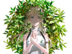 Rule 34 | 1girl, apple, artoria caster (fate), artoria caster (first ascension) (fate), artoria pendragon (fate), bare shoulders, blonde hair, breast pocket, fate/grand order, fate (series), food, fruit, green apple, green eyes, highres, holding own wrist, leaf, long hair, looking to the side, lsolo, pocket, shirt, sleeveless, solo, ubwmitekure, upper body, white background, white shirt
