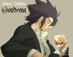 Rule 34 | 1boy, alcohol, black hair, dated, drink, formal, french-bread, glass, gordeau, happy birthday, liquor, male focus, official art, open clothes, open shirt, shirt, short hair, signature, solo, spiked hair, suit, unbuttoned, under night in-birth, yoshihara seiichi