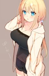 Rule 34 | 1girl, :o, black shirt, black shorts, blonde hair, blue eyes, blush, breasts, brown background, camisole, cleavage, collarbone, colored eyelashes, cowboy shot, drawstring, eyelashes, hair between eyes, hair bobbles, hair ornament, hand in pocket, hand on own head, hood, hoodie, lace, lace-trimmed shirt, lace trim, large breasts, long hair, long sleeves, low ponytail, mayachi (amuriya), open mouth, original, pajamas, pom pom (clothes), ponytail, raised eyebrows, shirt, short shorts, shorts, sidelocks, solo, spaghetti strap, standing, taut clothes, taut shirt, text focus, translated