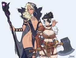 Rule 34 | 2girls, abs, alex moon (shardanic), armor, axe, barbarian, black hair, blonde hair, blue nails, boxer-chan, breasts, cleavage, collar, earrings, facepaint, flat chest, height difference, highres, holding, holding staff, hood, jewelry, knife, large breasts, leather armor, loincloth, long hair, looking to the side, multiple girls, muscular, muscular female, necklace, pink eyes, pink nails, pouch, ring, shardanic, shaved head, short hair, shoulder armor, signature, staff, thighhighs, toned, wizard
