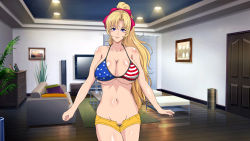 Rule 34 | 1girl, american flag bikini, bikini, blonde hair, blue eyes, blush, breasts, cleavage, couch, covered erect nipples, door, drawing (object), flag print, groin, highres, hozumi kenji, indoors, large breasts, legs, long hair, looking at viewer, navel, original, ponytail, short shorts, shorts, smile, solo, standing, swimsuit, television, thighs, unbuttoned