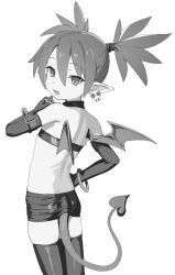 Rule 34 | 1girl, absurdres, bandeau, bare shoulders, boots, choker, demon girl, demon tail, demon wings, disgaea, earrings, elbow gloves, etna (disgaea), female focus, from behind, gloves, greyscale, hair between eyes, highres, jewelry, jiryu50610218, looking at viewer, looking back, makai senki disgaea, medium hair, miniskirt, monochrome, o-ring, o-ring choker, open mouth, pointy ears, simple background, skindentation, skirt, skull earrings, smile, solo, standing, tail, thigh boots, twintails, wings