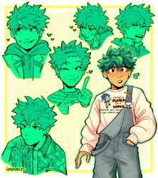 Rule 34 | 1boy, all might, alternate costume, blush, boku no hero academia, character pin, closed mouth, clothes writing, commentary, floral print, freckles, green eyes, green hair, grey overalls, habkart, hand in pocket, hands on own face, head rest, heart, highres, hood, hood down, hoodie, index finger raised, long sleeves, looking at viewer, looking to the side, male focus, meme, midoriya izuku, multiple views, one eye closed, open mouth, overalls, print shirt, shirt, short hair, signature, simple background, smile, sonic (series), sonic the hedgehog, standing, tongue, tongue out, v, white shirt