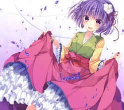 Rule 34 | 1girl, :d, :o, bad id, bad pixiv id, blue flower, blue rose, blush, clothes lift, dress, dress lift, dutch angle, female focus, flower, frills, from below, gathers, hair flower, hair ornament, hieda no akyuu, highres, japanese clothes, kimono, looking at viewer, open mouth, petals, purple eyes, purple hair, red ribbon, revision, ribbon, rose, sash, short hair, skirt basket, smile, solo, sushimekabu, touhou