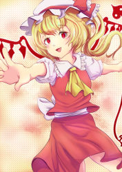 Rule 34 | 1girl, ascot, back bow, blonde hair, bow, breasts, collared shirt, cowboy shot, fang, flandre scarlet, frilled shirt collar, frills, hat, hat ribbon, long hair, looking at viewer, mob cap, no23kappagatari, open mouth, puffy short sleeves, puffy sleeves, red eyes, red ribbon, red skirt, red vest, ribbon, shirt, short sleeves, side ponytail, simple background, skirt, skirt set, small breasts, smile, solo, t-pose, touhou, vest, white bow, white hat, white shirt, yellow ascot