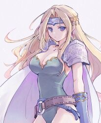 Rule 34 | armor, belt, belt buckle, blonde hair, blue eyes, breasts, brown belt, buckle, cape, celes chere, cleavage, commentary request, cowboy shot, earrings, final fantasy, final fantasy vi, green leotard, highres, jewelry, large breasts, leotard, long hair, looking at viewer, maid headdress, necklace, pan ff6, shoulder armor, white cape